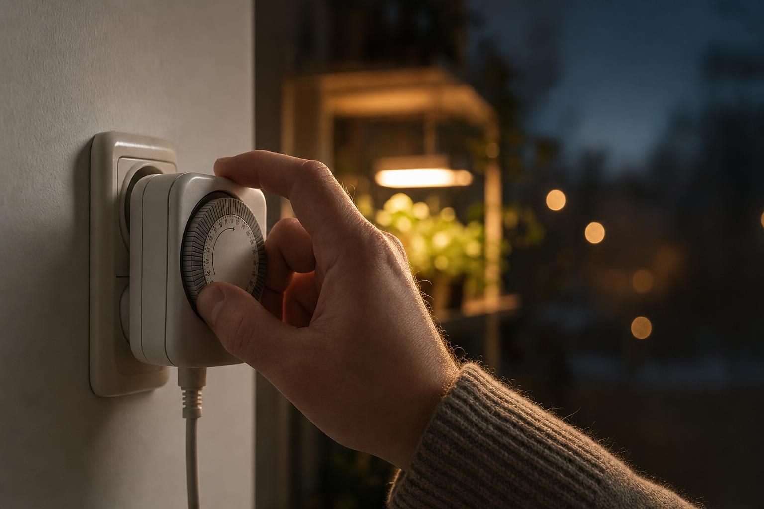 Timer i vägguttag med växtlampans sladd inkopplad, i bakgrunden en tänd växtlampa över örter i ett kvällsmörkt kök