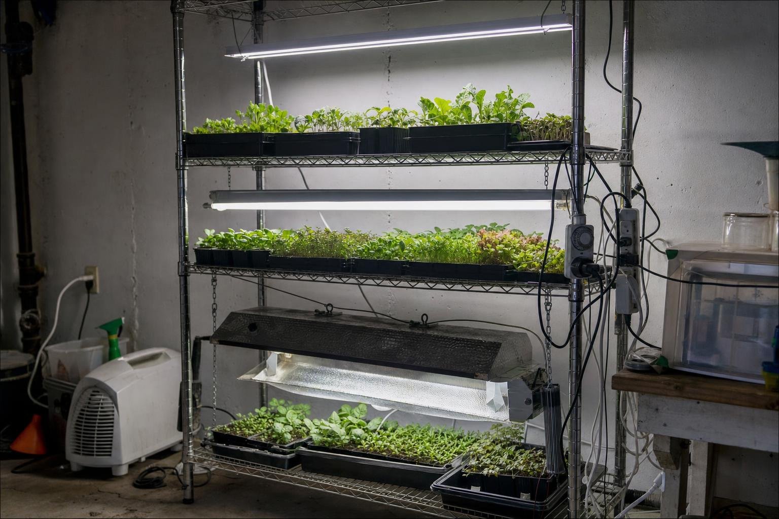 En vit LED-list, ett lysrör och en kraftig HID-lampa monterade över odlingshyllor med småplantor i ett förråd