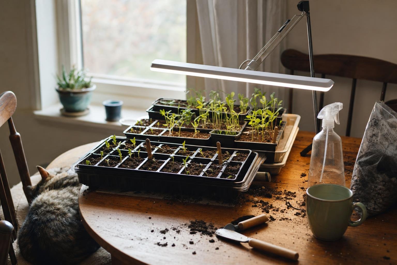 Såbrätten med små plantor under en vit LED-list på ett matbord vid fönstret, sprayflaska och lite jord bredvid