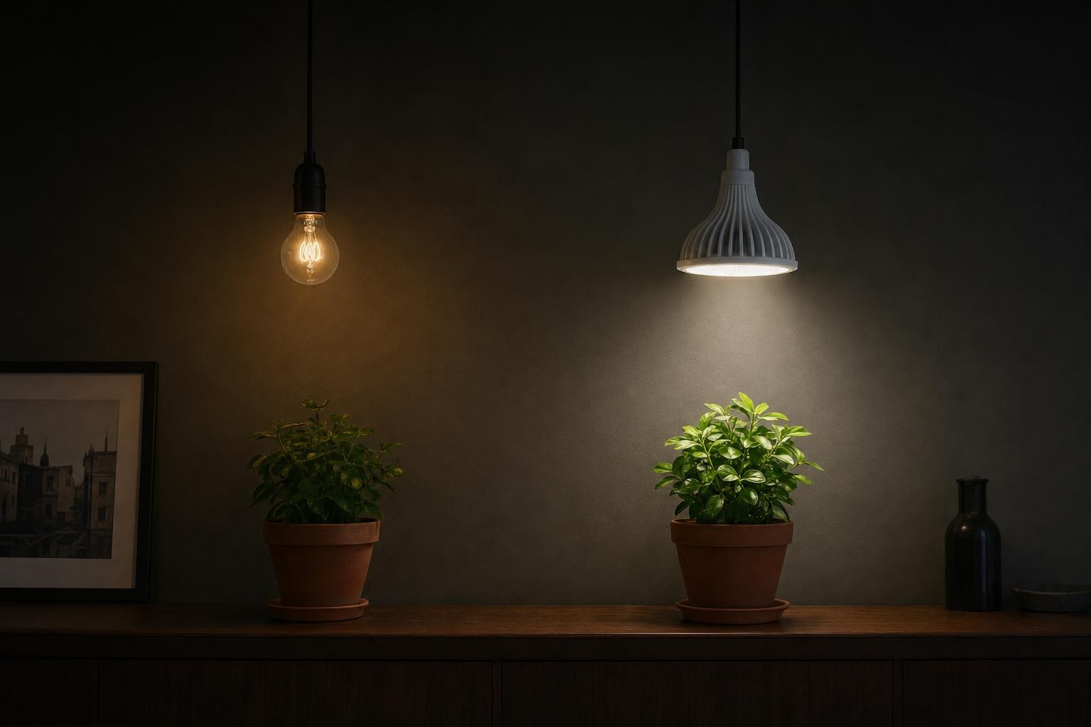 En vanlig glödlampa och en vit växtlampa sida vid sida över samma krukväxt vid ett mörkt fönster, växtlampan lyser tydligt starkare